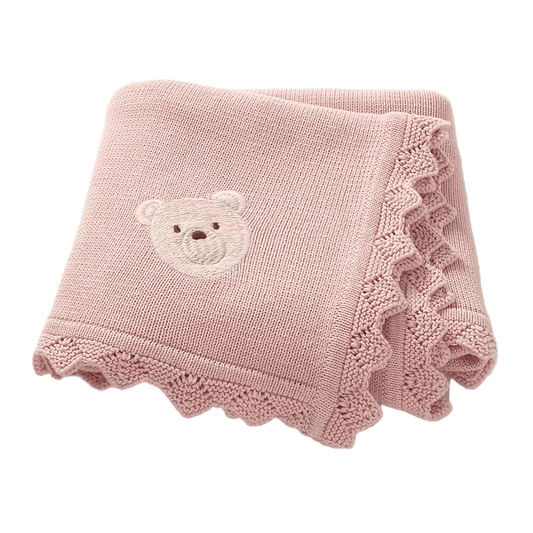 Baby blanket 100% cotton – Cute bear pattern - Knitted blanket for newborns