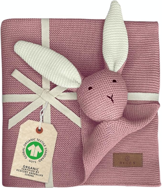 DIKOS 2-in-1 Babydecke & Kuscheltuch -Hase - Bio-Baumwolle (GOTS & OEKO TEX) - 100 x 75 cm
