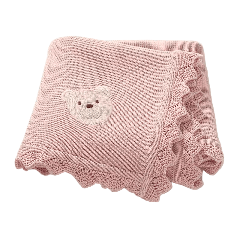 Babydecke Baumwolle 100% – Süßes Bär-Muster - Strickdecke für Neugeborene