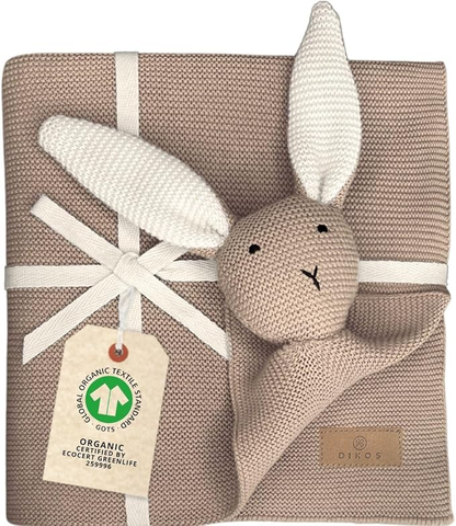 DIKOS 2-in-1 baby blanket &amp; cuddly blanket - bunny - organic cotton (GOTS &amp; OEKO TEX) - 100 x 75 cm