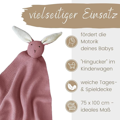 DIKOS 2-in-1 baby blanket &amp; cuddly blanket - bunny - organic cotton (GOTS &amp; OEKO TEX) - 100 x 75 cm
