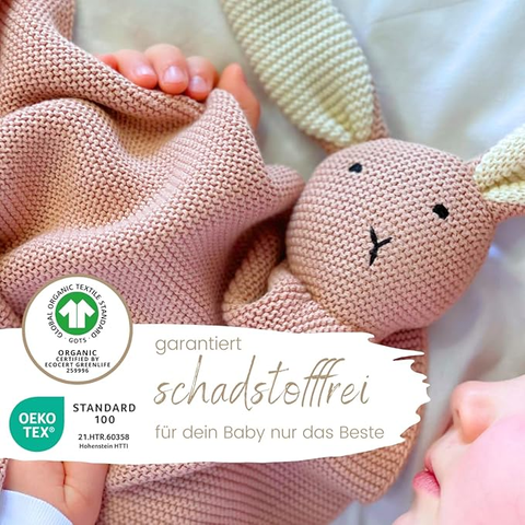 DIKOS 2-in-1 baby blanket &amp; cuddly blanket - bunny - organic cotton (GOTS &amp; OEKO TEX) - 100 x 75 cm