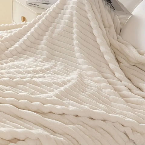 Wool white plush blanket with stripes