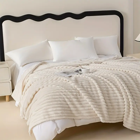 Wool white plush blanket with stripes