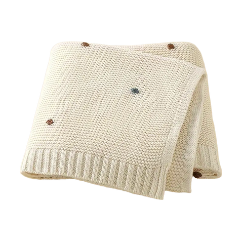 Handgefertigte Baby Weiße Strickdecke aus 100% Baumwolle mit Pompons