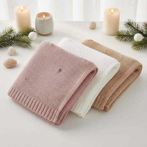 Wohldecke® - Handgefertigte Strickdecke Baby Baumwolle- Babydecke mit Pompons