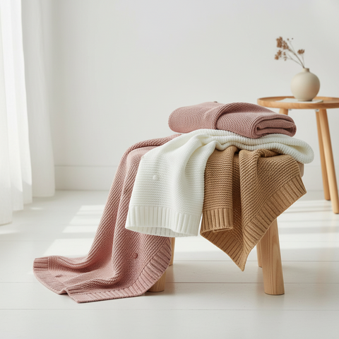 Wohldecke® - Handgefertigte Strickdecke Baby Baumwolle- Babydecke mit Pompons