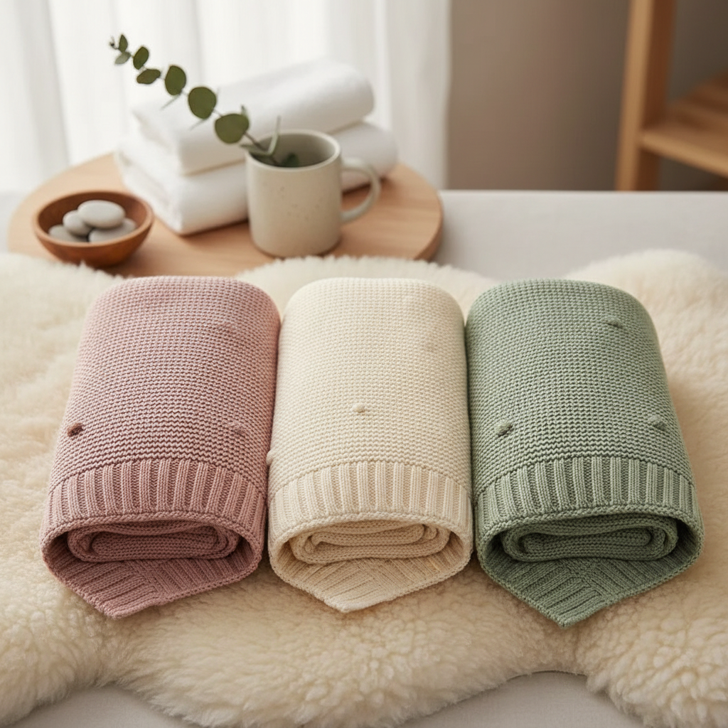 Handgefertigte Baby Strickdecke mit Pompons | Baumwolle Babydecke