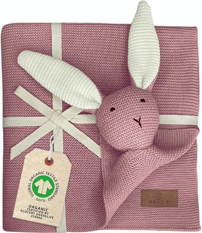 DIKOS 2-in-1 baby blanket &amp; cuddly blanket - bunny - organic cotton (GOTS &amp; OEKO TEX) - 100 x 75 cm
