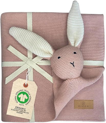 DIKOS 2-in-1 baby blanket &amp; cuddly blanket - bunny - organic cotton (GOTS &amp; OEKO TEX) - 100 x 75 cm