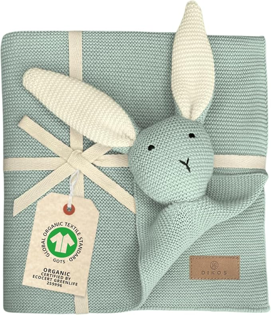 DIKOS 2-in-1 baby blanket &amp; cuddly blanket - bunny - organic cotton (GOTS &amp; OEKO TEX) - 100 x 75 cm