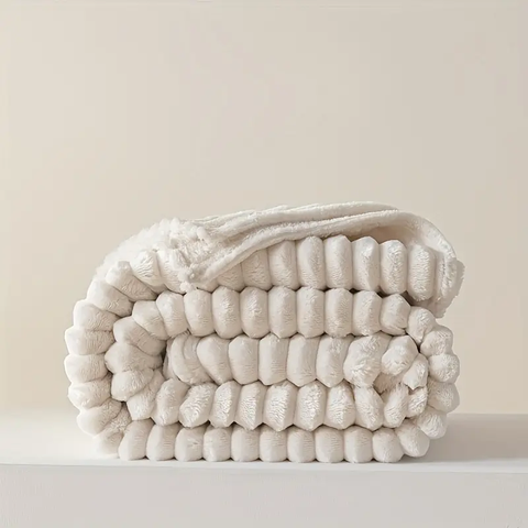 Wool white plush blanket with stripes