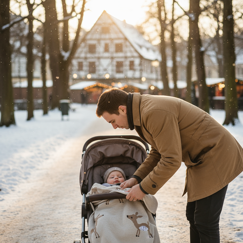 Babydecke für Kinderwagen - Winterspaziergang zwischen Vater und Baby