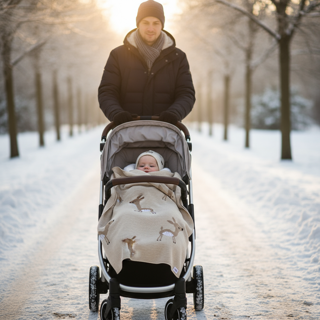 Gestrickte Babydecke Kinderwagen - Winter Spaziergang