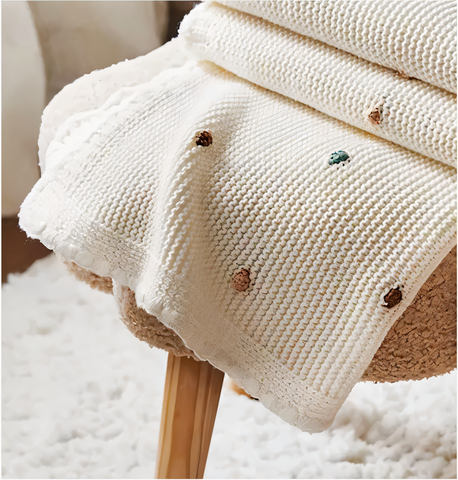 Wohldecke® - Handgefertigte Strickdecke Baby Baumwolle- Babydecke mit Pompons